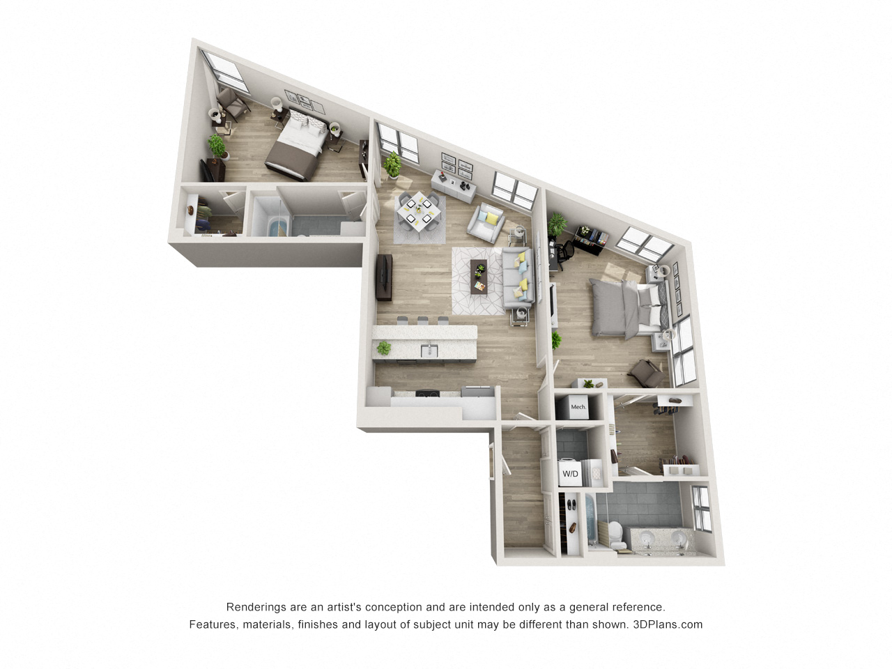 Floor plan for 2 beds, 2 baths, 1678 sqft